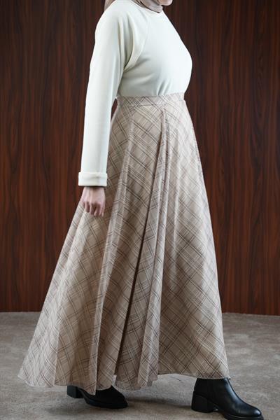 Volanlı Şifon Etek - Bej Ekose