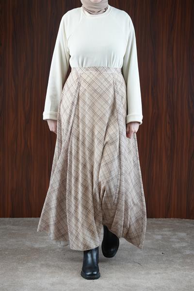 Volanlı Şifon Etek - Bej Ekose