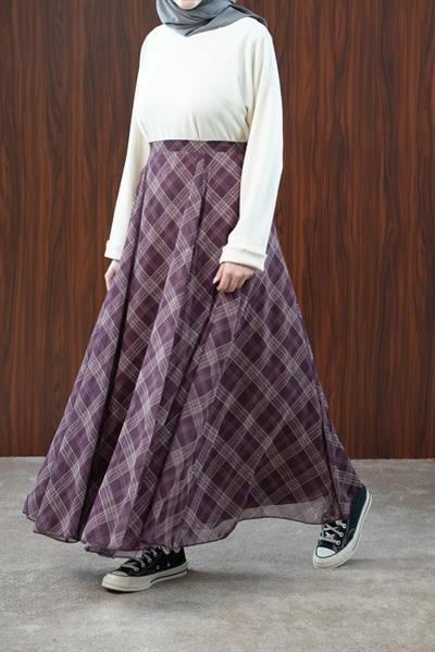 Volanlı Şifon Etek - Bordo Ekose