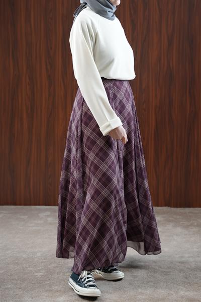 Volanlı Şifon Etek - Bordo Ekose