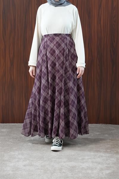 Volanlı Şifon Etek - Bordo Ekose