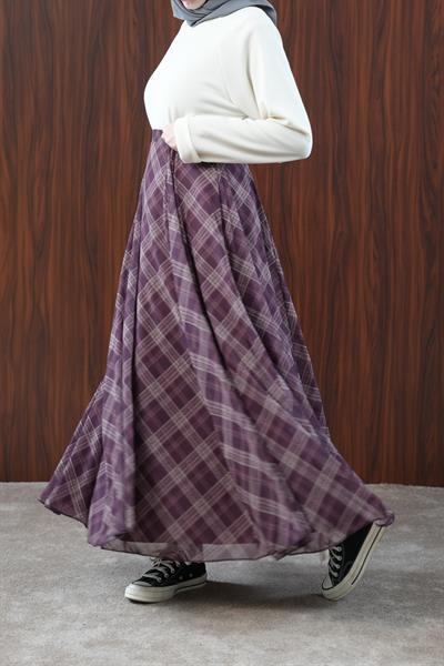 Volanlı Şifon Etek - Bordo Ekose