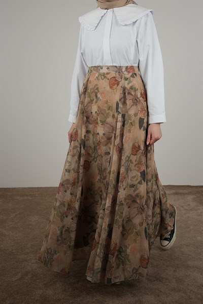 Volanlı Şifon Etek - Flora Vintage Vizon