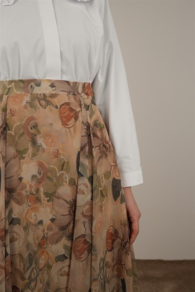 Volanlı Şifon Etek - Flora Vintage Vizon