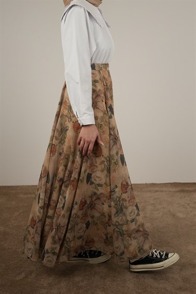 Volanlı Şifon Etek - Flora Vintage Vizon