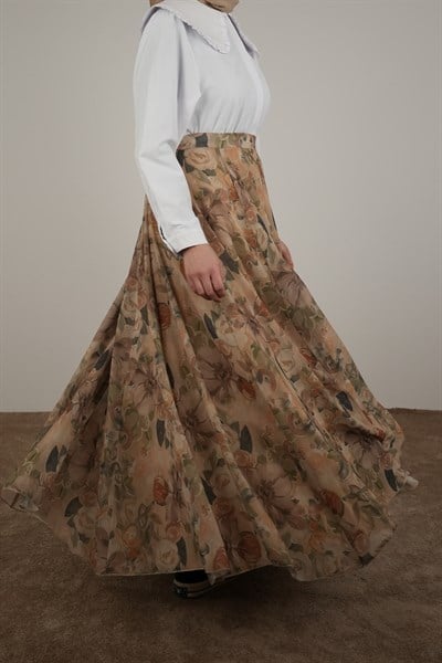 Volanlı Şifon Etek - Flora Vintage Vizon