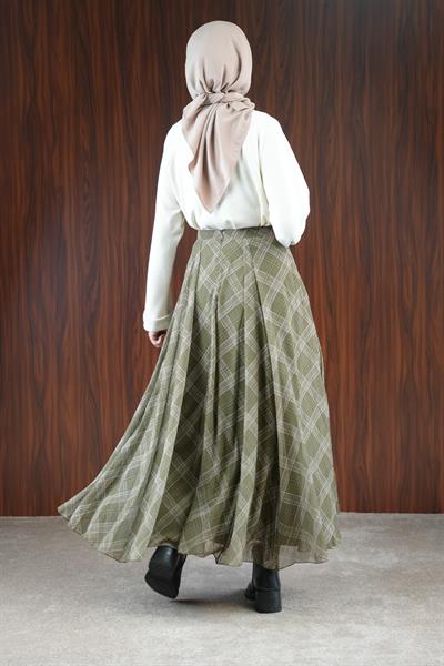 Volanlı Şifon Etek - Haki Ekose