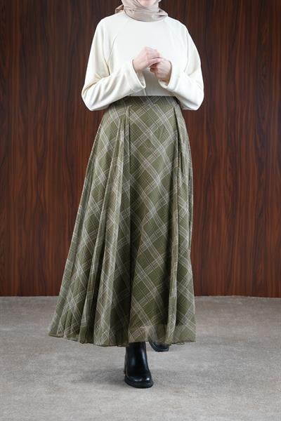 Volanlı Şifon Etek - Haki Ekose