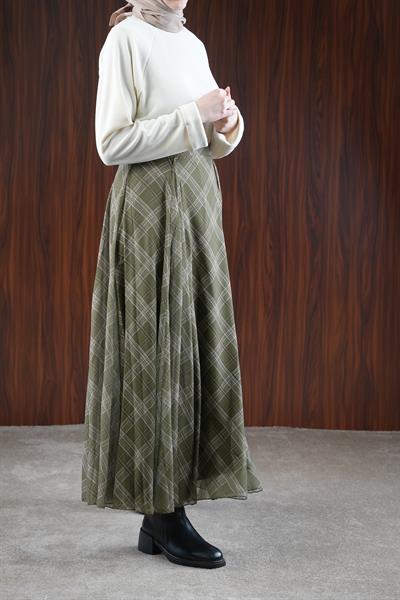 Volanlı Şifon Etek - Haki Ekose