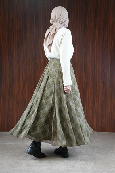 Volanlı Şifon Etek - Haki Ekose