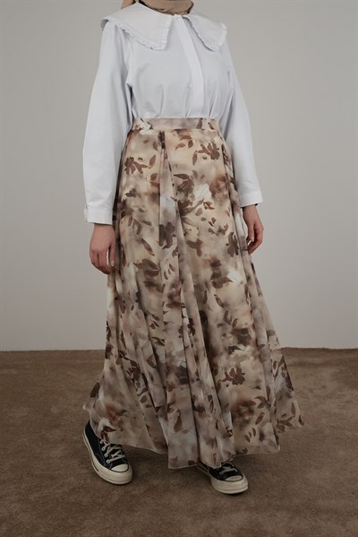 Volanlı Şifon Etek - Yaprak Desen Kahve