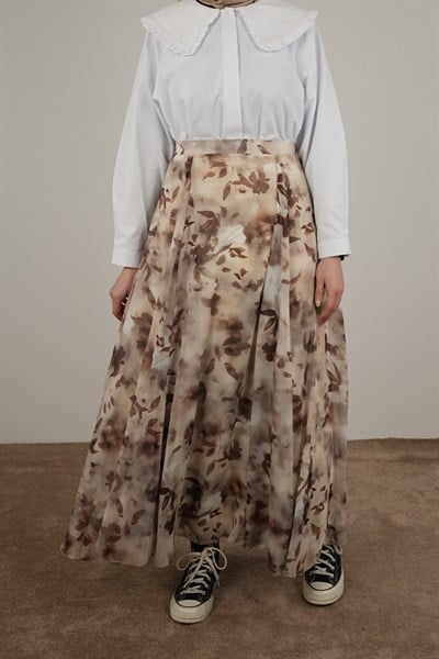 Volanlı Şifon Etek - Yaprak Desen Kahve