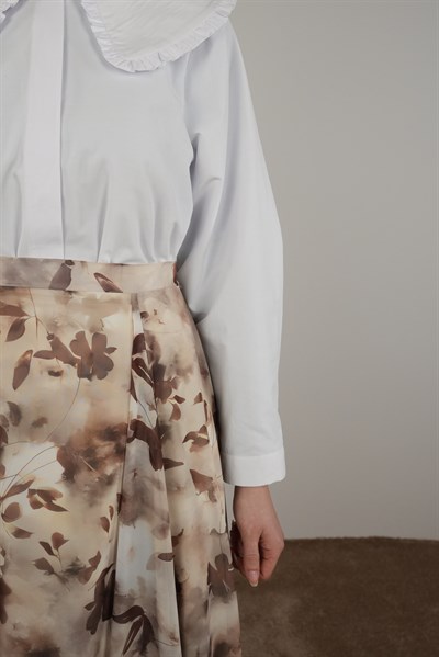 Volanlı Şifon Etek - Yaprak Desen Kahve