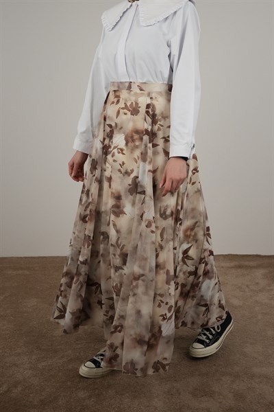 Volanlı Şifon Etek - Yaprak Desen Kahve