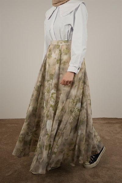 Volanlı Şifon Etek - Yaprak Desen Yeşil