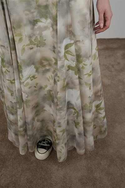 Volanlı Şifon Etek - Yaprak Desen Yeşil