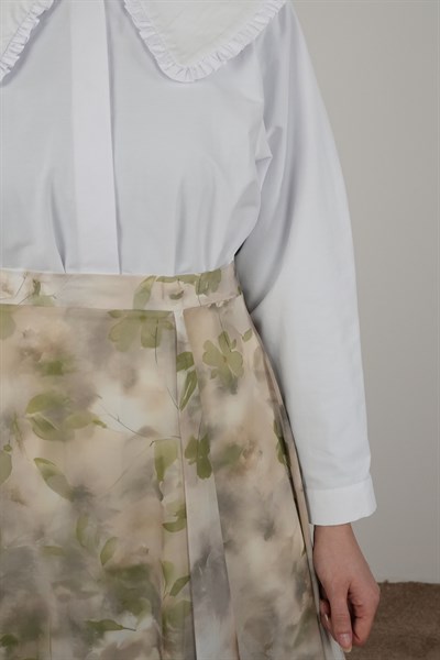 Volanlı Şifon Etek - Yaprak Desen Yeşil