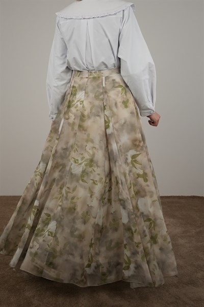 Volanlı Şifon Etek - Yaprak Desen Yeşil