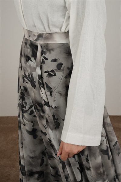 Volanlı Şifon Etek - Yaprak Desen Siyah