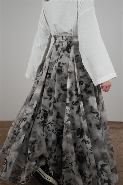 Volanlı Şifon Etek - Yaprak Desen Siyah