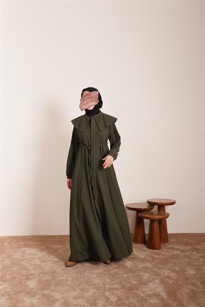 Yakalı Elbise Ferace - Haki yeşil