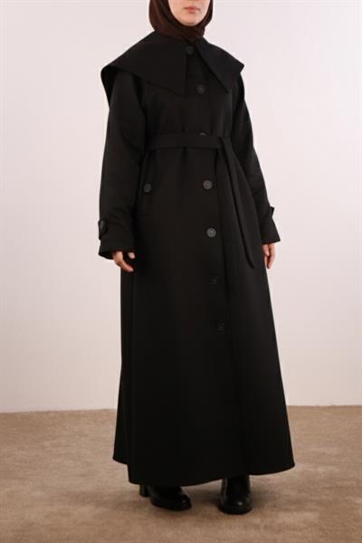 Yakalı Nubuk Trençkot - Siyah