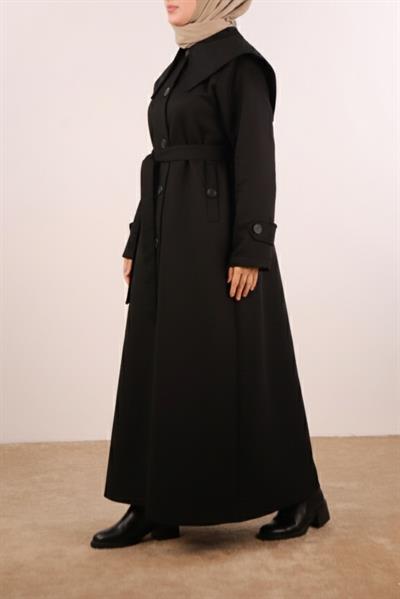 Yakalı Nubuk Trençkot - Siyah
