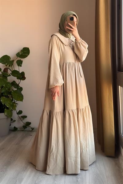 Yakalıklı Elbise - Bej