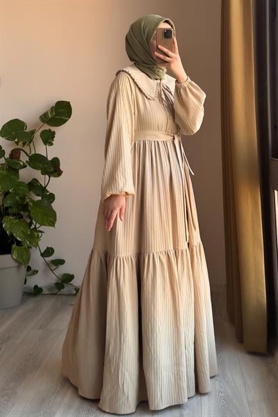 Yakalıklı Elbise - Bej