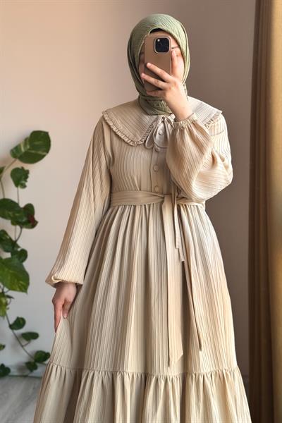 Yakalıklı Elbise - Bej