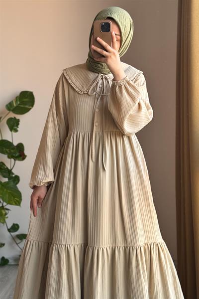 Yakalıklı Elbise - Bej