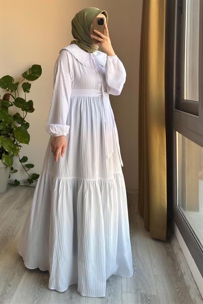 Yakalıklı Elbise - Ekru