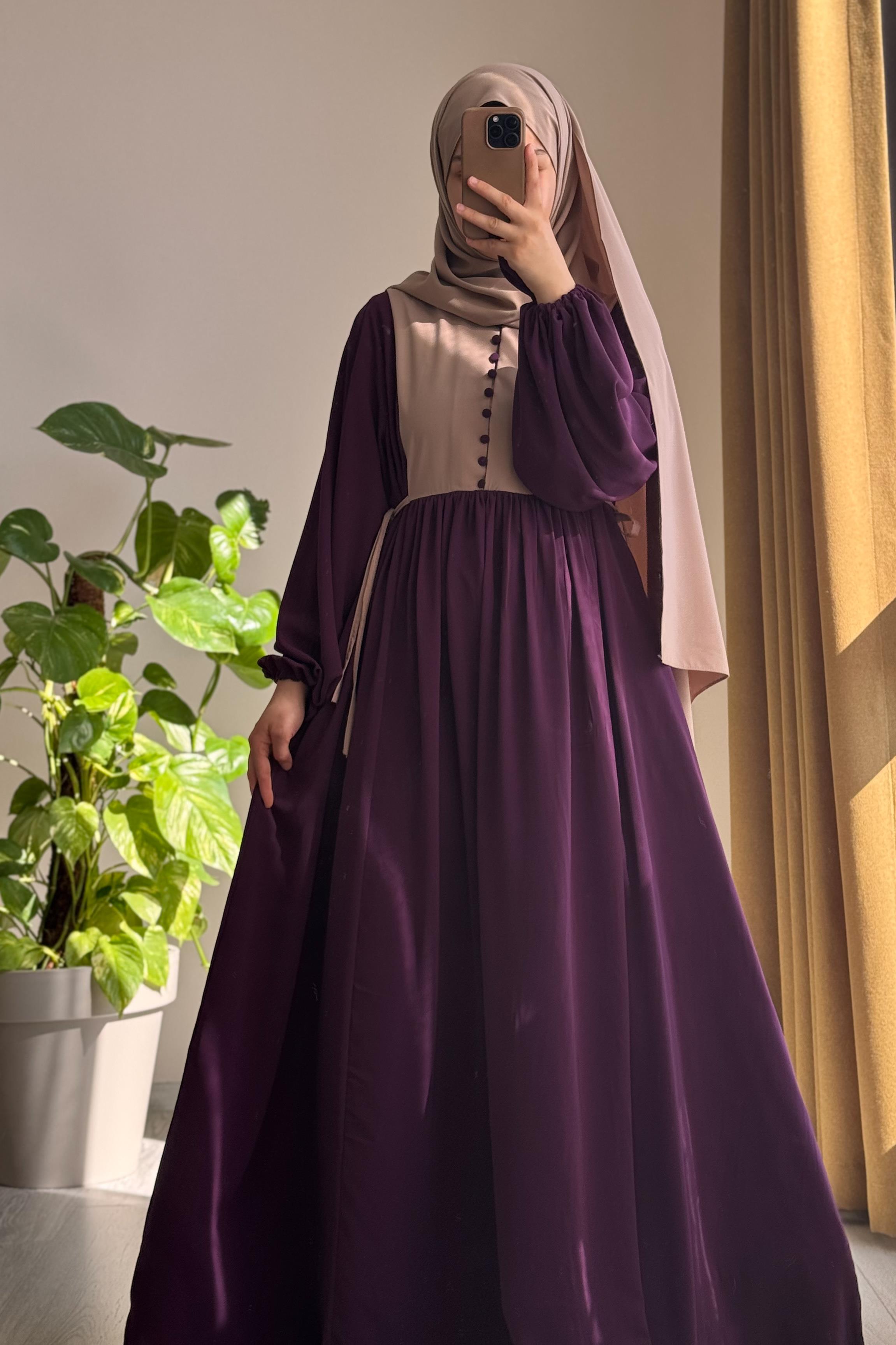 Düğmeli Garni Elbise - Mürdüm/ Bej · 2