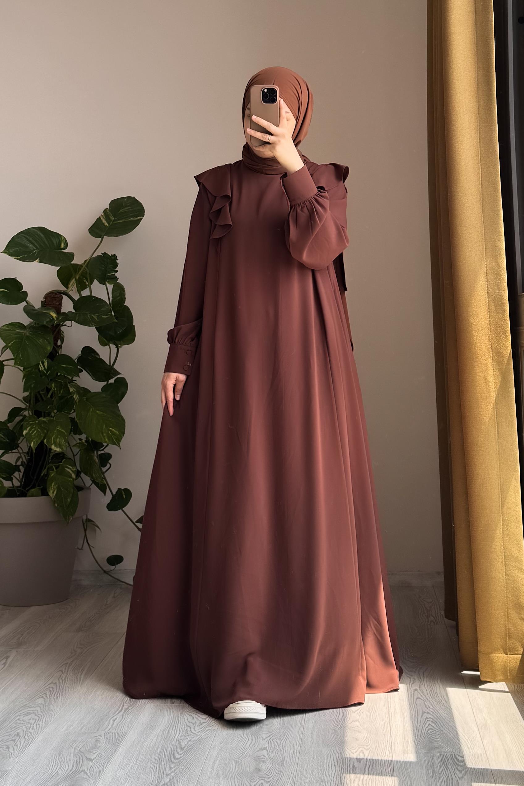 Omuzu Fırfırlı Elbise - Açık kahve · 4