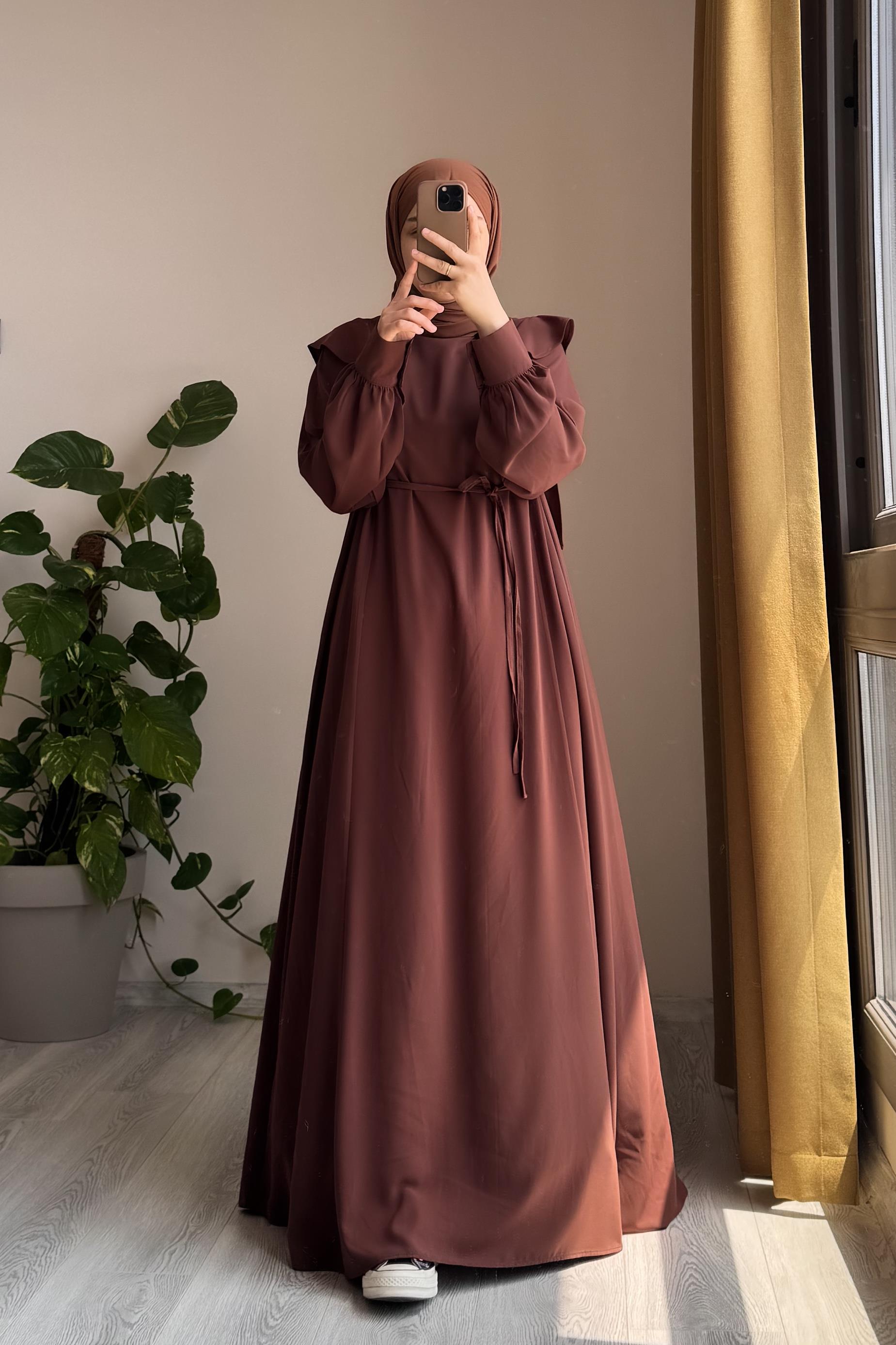 Omuzu Fırfırlı Elbise - Açık kahve · 6