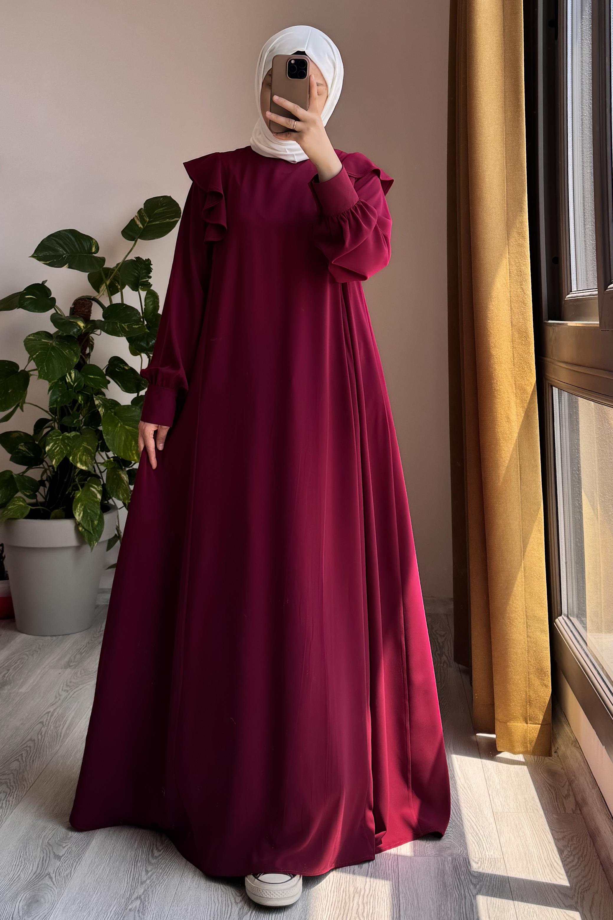 Omuzu Fırfırlı Elbise - Bordo · 6