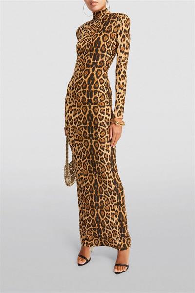  Leopar Desenli Balıkçı Yaka Maxi Boy Elbise