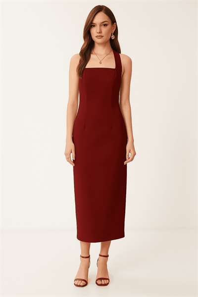 Halter Yaka Yırtmaçlı Midi Elbise Bordo Halter Yaka Yırtmaçlı Midi Elbise Bordo