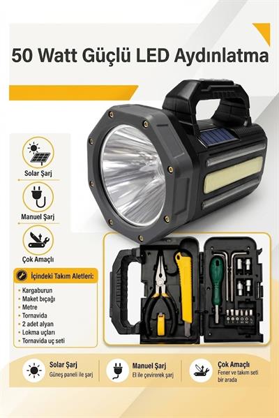 Çadır Dünyası 50W Çok Amaçlı Kamp Feneri - Solar ve Manuel Şarjlı, Type-C Girişli, Gizli Takım Alet Setli Dijital Göstergeli Acil Durum Lambası