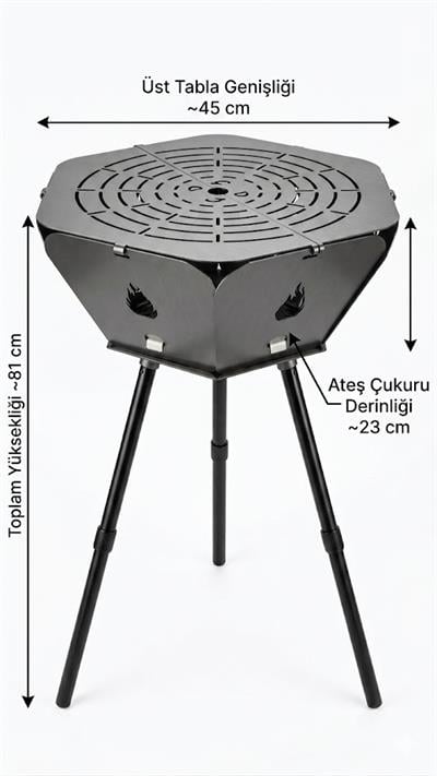 Çadır Dünyası Ayarlanabilir Ayaklı Kamp Ateşi ve Barbekü Seti - 45 cm Genişlik, Teleskopik Yükseklik Ayarlı Ateş Çukuru