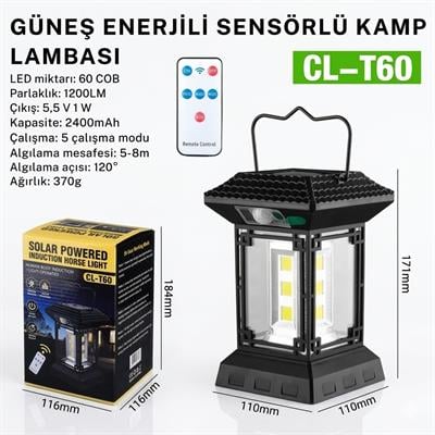 Çadır Dünyası CL-T60 Güneş Enerjili Sensörlü Kamp Lambası - 1200 Lümen, 60 COB LED, Uzaktan Kumandalı ve 5 Farklı Aydınlatma Modlu Bahçe Armatürü