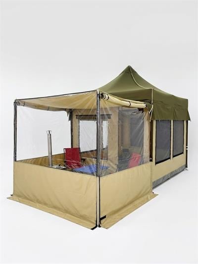 Çadır Dünyası Elite Pro: 3x3 XL Model Şeffaf Verandalı Kamp Çadırı - 9m2 Yaşam Alanı, Kompakt Katlanır Çelik İskelet ve Şeffaf PVC Panelli Ön Veranda