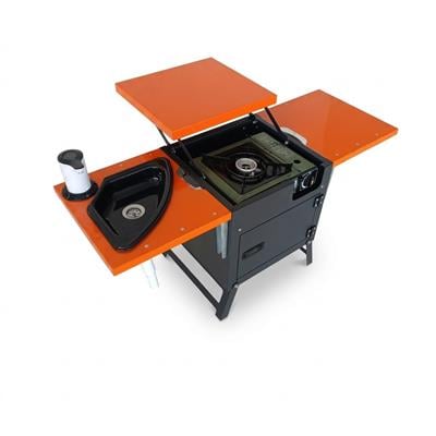 Çadır Dünyası Mini Alüminyum Kamp Mutfağı - 10 KG Ultra Hafif, Entegre Lavabo ve Su Pompalı, Katlanır Yan Raflı ve Saklama Dolaplı Portatif Mutfak Seti