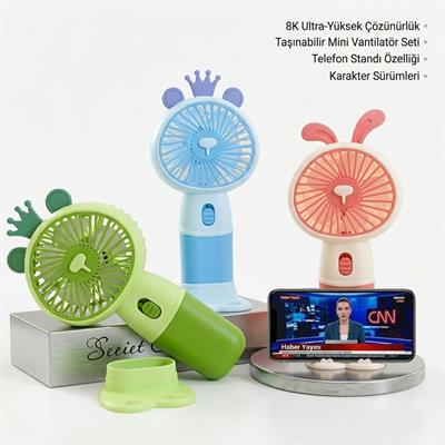 Çadır Dünyası Mini Fan: Şarj Edilebilir El ve Masaüstü Vantilatörü - 3 Kademeli Hız, Entegre Telefon Tutuculu ve Ayaklı Portatif Fan
