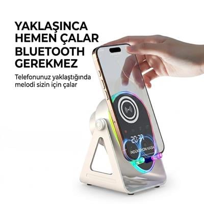 Çadır Dünyası Model  Akıllı İndüksiyon Hoparlör & 180° Döner Telefon Standı - Bluetooth v5.3, RGB Işıklı, Metal Gövdeli ve Hi-Fi Ses Amplifikatörü