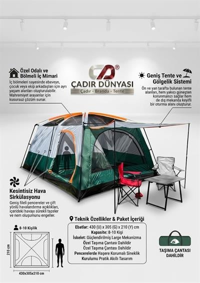 Çadır Dünyası Odalı Large Kamp Çadırı - 430x305x210 cm - 8-10 Kişilik