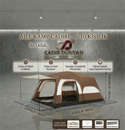 Çadır Dünyası Odalı Medium Kamp Çadırı - 380x260x200 cm - 6-8 Kişilik