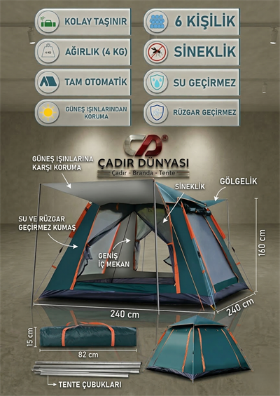 Çadır Dünyası Pratik Kurulumlu Gölgelikli Çadır - 160 cm Yükseklik - Krem/Yeşil/Turkuaz