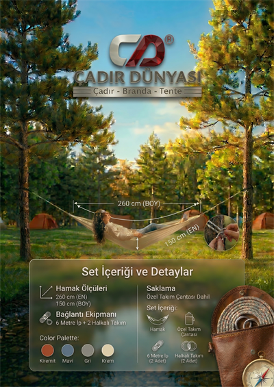 Çadır Dünyası Premium Hamak Seti - 150x260 cm Ekstra Geniş Boy, 2 Halkalı Sabitleme Takımı ve 6 Metre İp Hediyeli Taşıma Çantalı