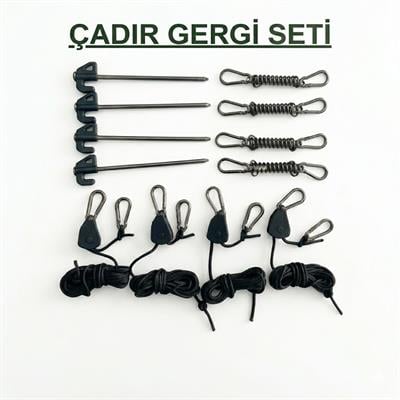 Çadır Dünyası Profesyonel Çadır Gergi Seti - 4 Adet Çelik Kazık, 4 Adet Makaralı İpli Gergi Aparatı ve 4 Adet Darbe Emici Gergi Yayı